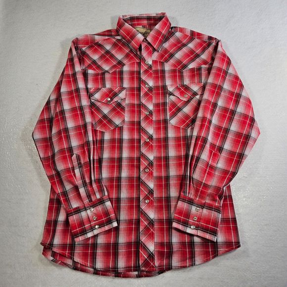 Wrangler Western Fashion Shirt Mens XL Pearl Snap Plaid Red Long Sleeve Rodeo - Picture 1 of 11